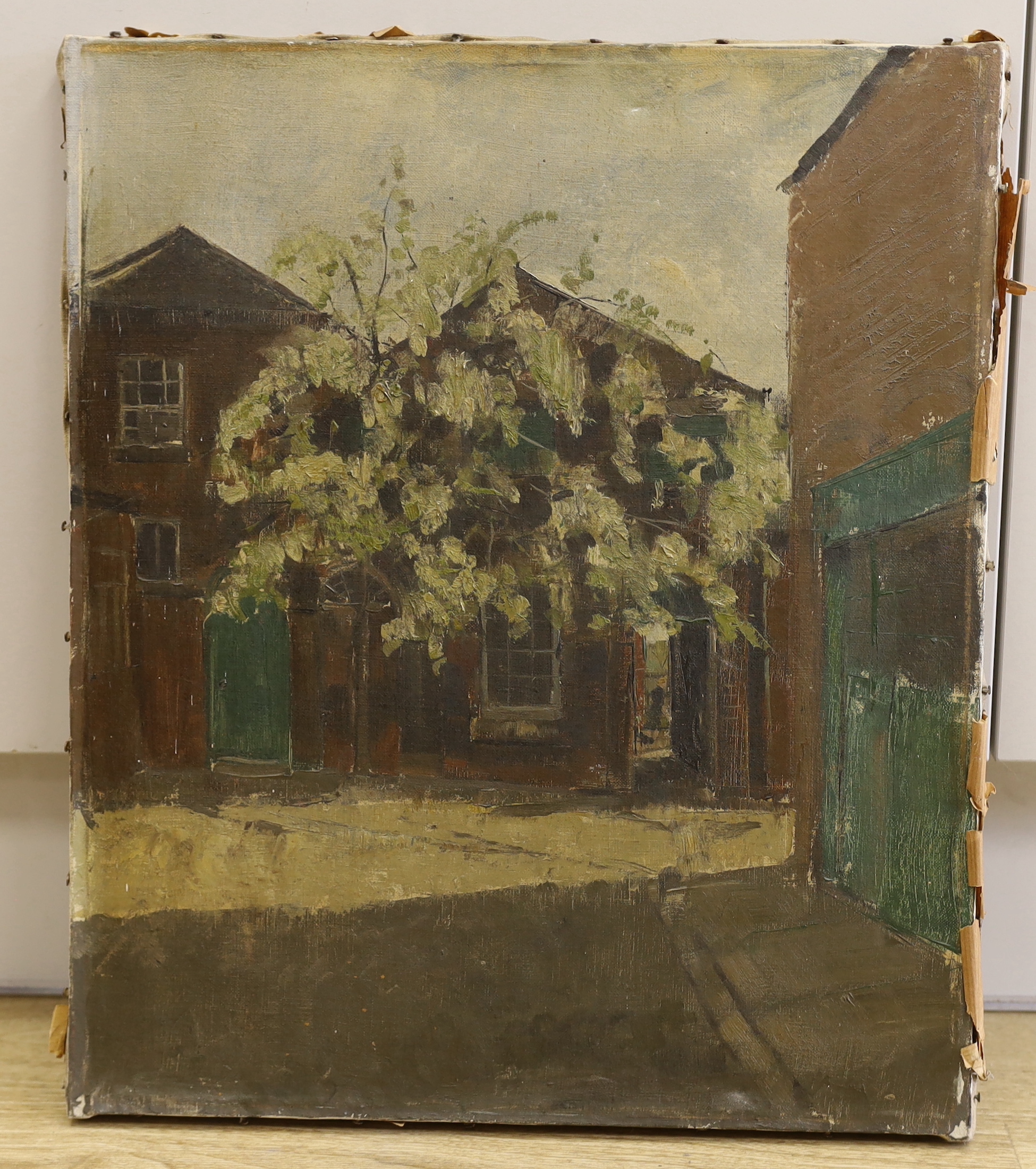 20th century English School, oil on canvas, Tree before buildings, possibly Camberwell or Euston Road school, 50 x 42cm, unframed